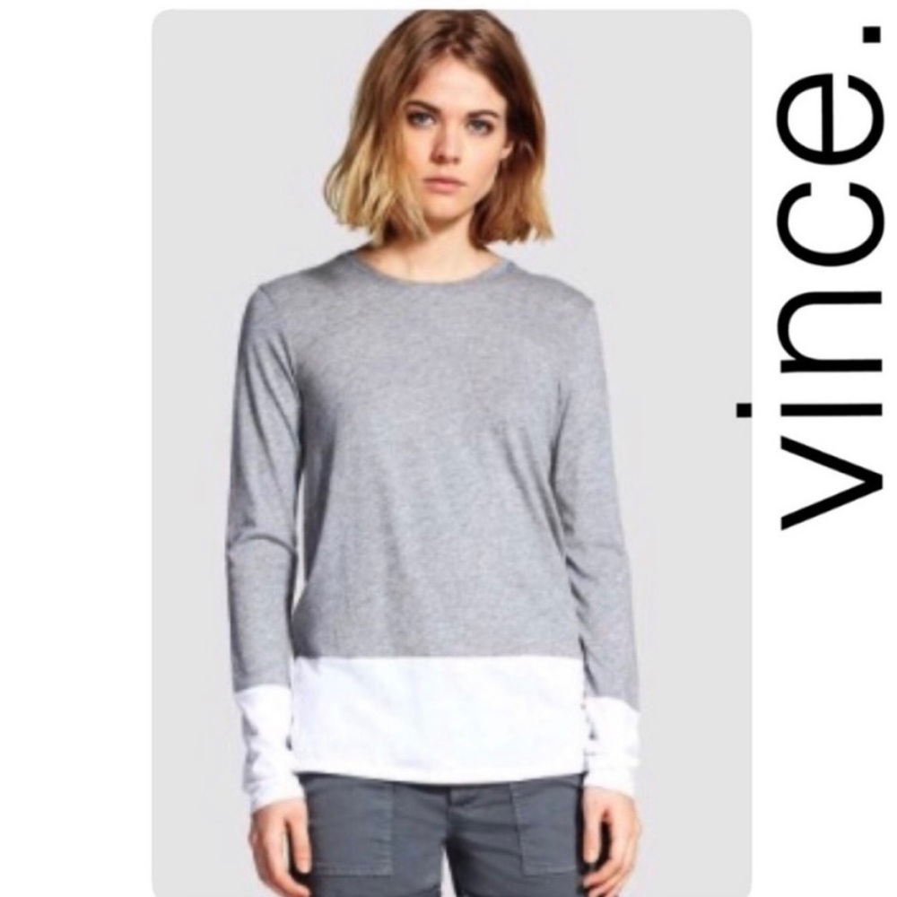 Vince Everyday Essentials Long Sleeve Color Block Gray White Pima Cotton Tee Lg